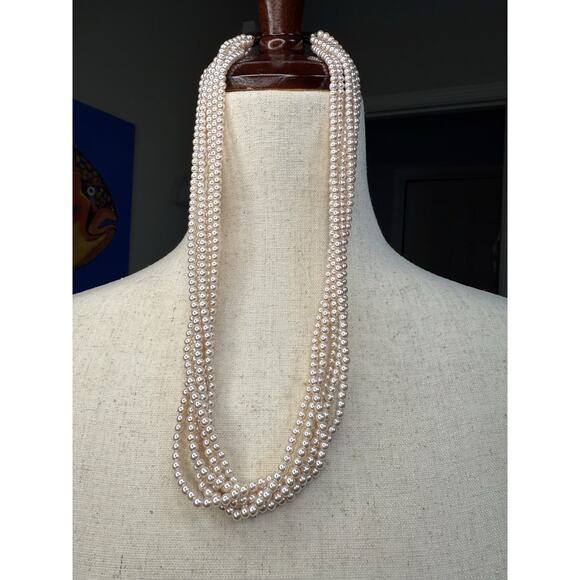 Faux Pearl 6-Strand Necklace Cream 3mm Beads 22” Multi-Layer Classic Vintage - Picture 2 of 5